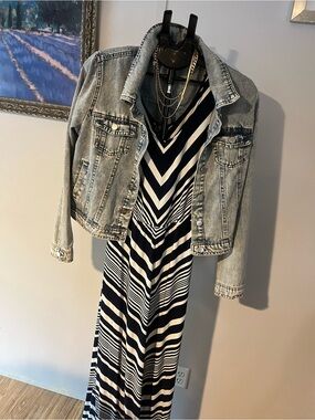 & Other Stories Black and White Striped V-Neck Maxi Dress with denim jacket